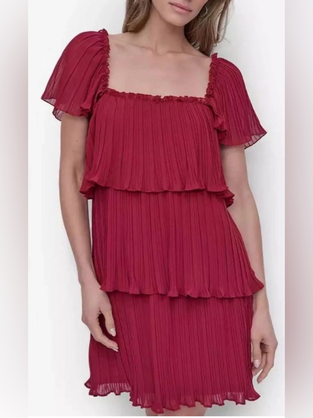 DKNY Burgundy Pleated Tiered Midi Dress